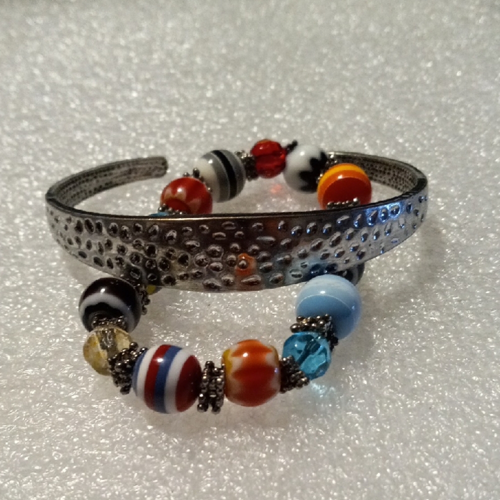 Colorful Beaded Bracelet and hammered Silver cuff Set